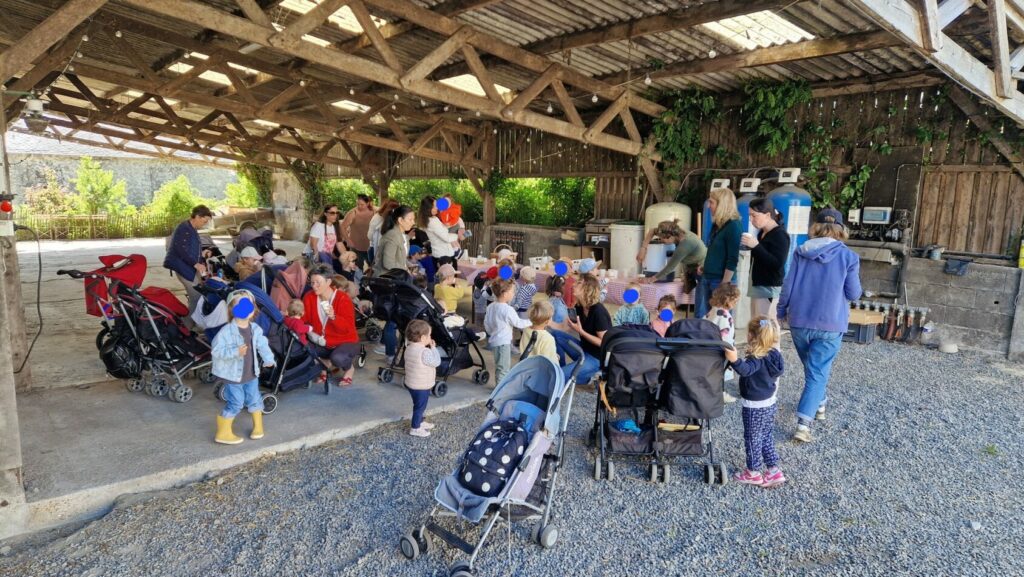 dégustation de lait sous le préau de la ferme